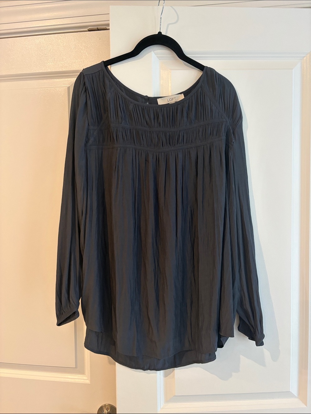 LOFT Slate Gray Long-Sleeve Pleated Yoke Blouse